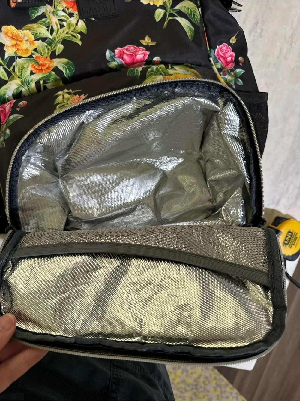 Matein Floral Print Black School Work Medium Size Backpack with Lunch Pocket